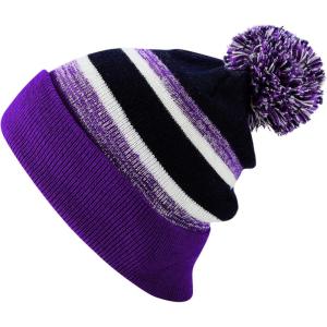 image:imageThe Hat Depot Kids Cuffed Beanie Knit Stripe Pom Winter HatPurpleBlack