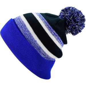 image:imageThe Hat Depot Kids Cuffed Beanie Knit Stripe Pom Winter HatRoyal BlueBlack