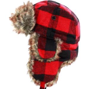 image:imageFaux Fur Safety Reflective Aviator Trapper Hat Snow Ski Trooper Winter Cap3 Plaid  Red