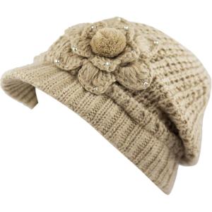 image:imageThe Hat Depot  Visor Beanie Unisex Winter Knit Skull Beanie with Brim Hat3 Flower  Beige