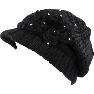 image:imageThe Hat Depot  Visor Beanie Unisex Winter Knit Skull Beanie with Brim Hat3 Flower  Black