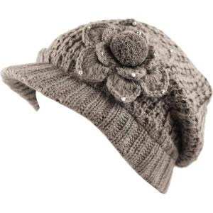 image:imageThe Hat Depot  Visor Beanie Unisex Winter Knit Skull Beanie with Brim Hat3 Flower  Khaki