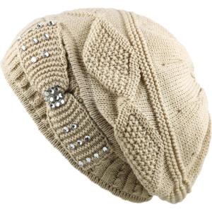image:imageThe Hat Depot 200h1134 Womens Hand Made Ribbon Rhinestone Winter Knit Beanie HatKhaki