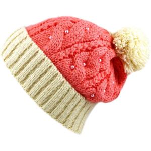 image:imageThe Hat Depot Thick Womens Sherpa Lining Winter Beanie with Pearl Decoration Knit HatPeachbeige