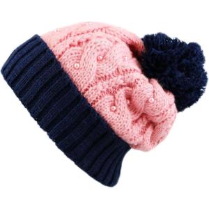 image:imageThe Hat Depot Thick Womens Sherpa Lining Winter Beanie with Pearl Decoration Knit HatPinknavy