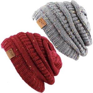 image:imageThe Hat Depot Winter Multi Color Ribbed Beanie  Soft Stretch Cable Knit  Warm Skull CapSet of Grey and Wine