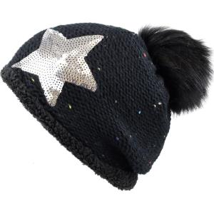 image:imageThe Hat Depot Winter Shiny Star Faux Fur Pom Pom Knit Beanie Skully Ski HatBlack