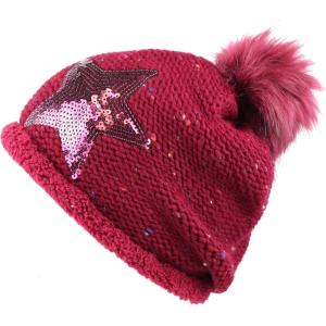image:imageThe Hat Depot Winter Shiny Star Faux Fur Pom Pom Knit Beanie Skully Ski HatBurgundy