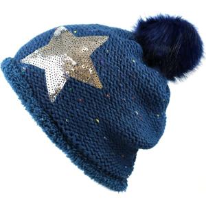 image:imageThe Hat Depot Winter Shiny Star Faux Fur Pom Pom Knit Beanie Skully Ski HatNavy