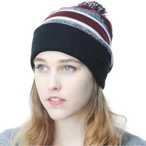 image:imageWinter Knit Beanie Hat with Pom Pom  Warm Cuffed Slouch Ski Cap for Men amp Women1black and Burgundy With Pom