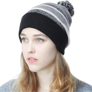 image:imageWinter Knit Beanie Hat with Pom Pom  Warm Cuffed Slouch Ski Cap for Men amp Women1black and Grey With Pom