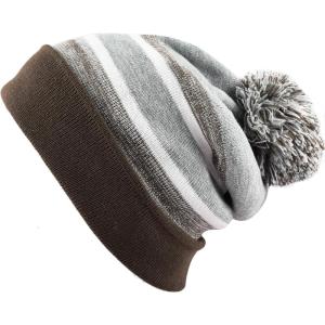 image:imageWinter Knit Beanie Hat with Pom Pom  Warm Cuffed Slouch Ski Cap for Men amp Women1brown and Grey With Pom