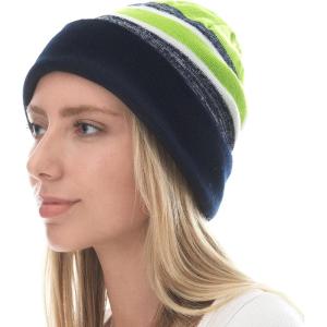 image:imageWinter Knit Beanie Hat with Pom Pom  Warm Cuffed Slouch Ski Cap for Men amp Women2navy and Lime