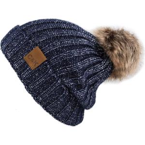 image:imageWomen and Men Beanie Daily Winter Oversized Thick Stretchy Knitted Pom Pom Beanie Fleece Lined Beanie Hat3 Metallic Navy