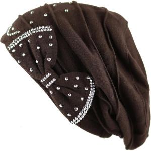 image:imageWomens Handmade Rhinestone Warm Baggy Fleece Lined Slouch BeanieampVisor Hat2 Ribbon2  Brown