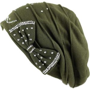 image:imageWomens Handmade Rhinestone Warm Baggy Fleece Lined Slouch BeanieampVisor Hat2 Ribbon2  Olive