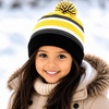 image:imageKids Pom Pom Beanie Winter Hat for Boys amp Girls Ages 25 Warm Knit Cuffed Beanie for School Skiing amp Outdoor WearBlackGold