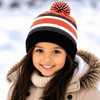image:imageKids Pom Pom Beanie Winter Hat for Boys amp Girls Ages 25 Warm Knit Cuffed Beanie for School Skiing amp Outdoor WearBlackOrange
