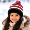 image:imageKids Pom Pom Beanie Winter Hat for Boys amp Girls Ages 25 Warm Knit Cuffed Beanie for School Skiing amp Outdoor WearBlackRed