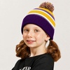 image:imageKids Pom Pom Beanie Winter Hat for Boys amp Girls Ages 25 Warm Knit Cuffed Beanie for School Skiing amp Outdoor WearPurpleGold