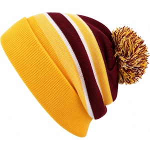image:imageKids Pom Pom Beanie Winter Hat for Boys amp Girls Ages 25 Warm Knit Cuffed Beanie for School Skiing amp Outdoor WearGoldBurgundy