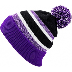 image:imageKids Pom Pom Beanie Winter Hat for Boys amp Girls Ages 25 Warm Knit Cuffed Beanie for School Skiing amp Outdoor WearPurpleBlack