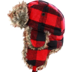 image:imageFaux Fur Safety Reflective Plain Plaid Aviator Trapper Hat Snow Ski Trooper Winter Cap3 Plaid  Red
